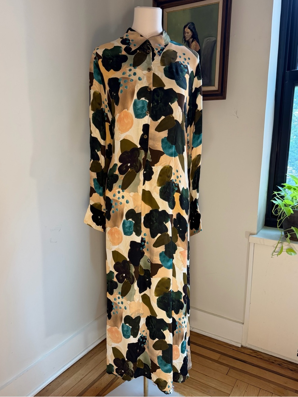 Ottod’Ame Italy Painterly Floral Maxi Shirt Dress Watercolor Print Sz 12 IT 48